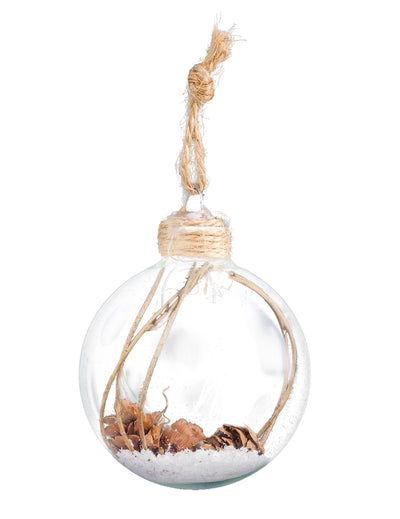 Boule de Noël en verre avec pommes de pin et neige transparente avec attache en corde de jute