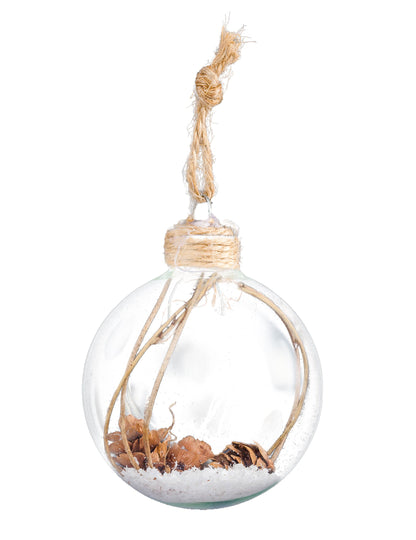 Boule de Noël en verre avec pommes de pin et neige transparente avec attache en corde de jute