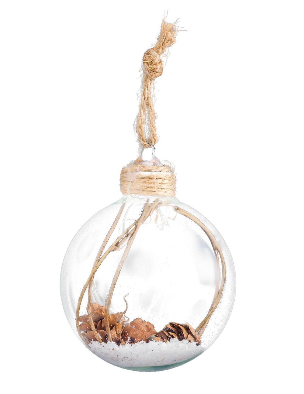 Bola de natal de vidro com pinhas e neve transparente com cordão de juta