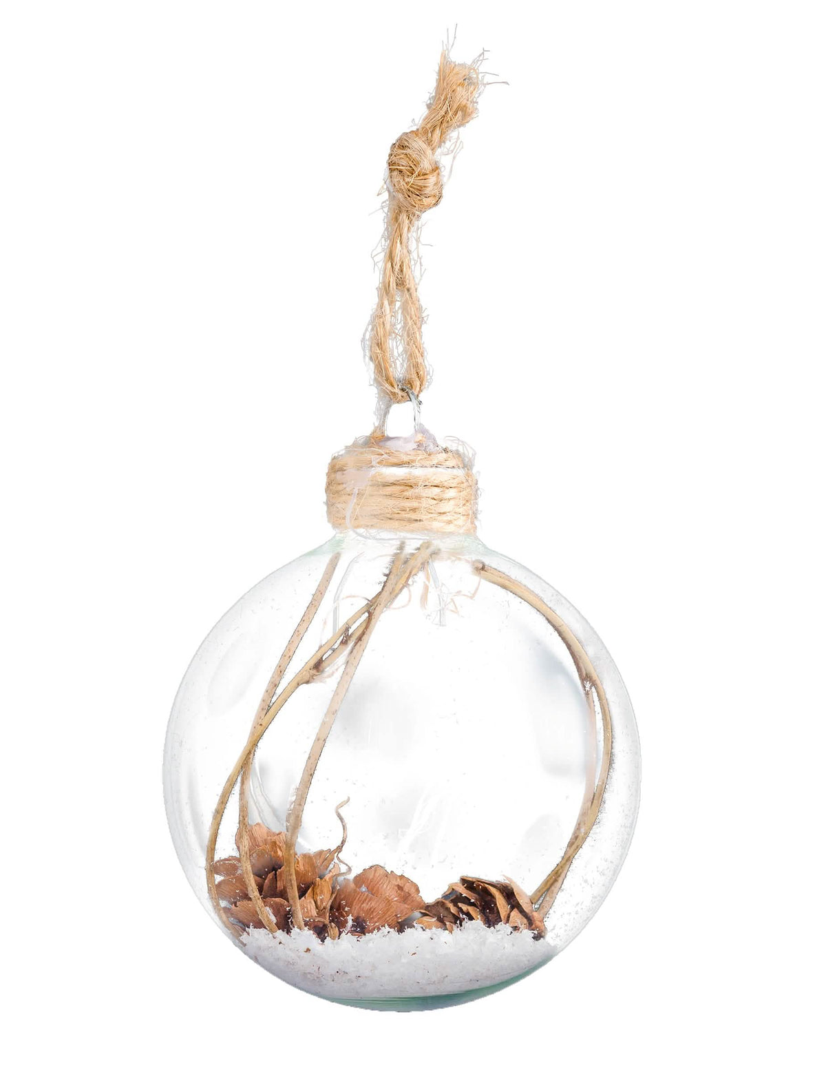 Bola de natal de vidro com pinhas e neve transparente com cordão de juta