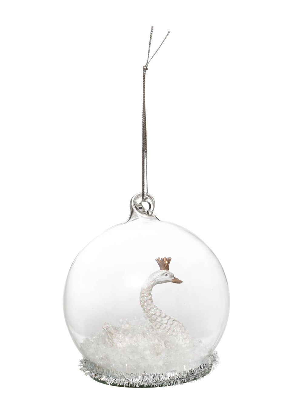 Boule de noël en verre cygne blanc féerique blanc et transparent avec couronne dorée