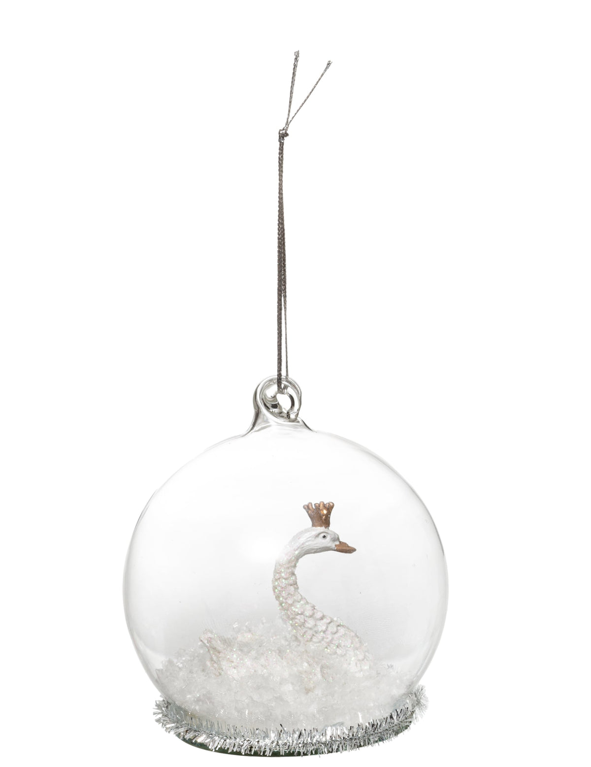 Boule de noël en verre cygne blanc féerique blanc et transparent avec couronne dorée