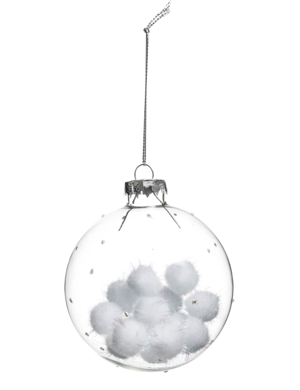 Bola de natal em vidro com bolas de algodão transparentes e brancas