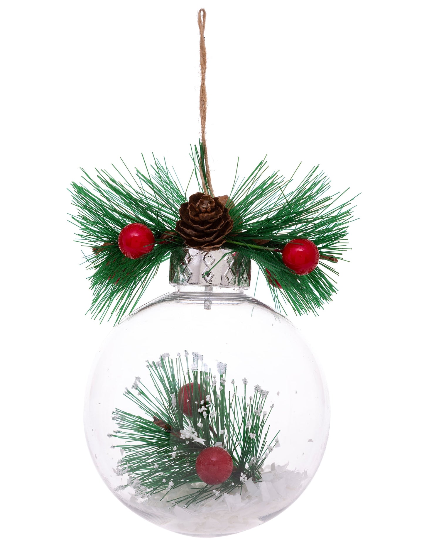 Boule de Noël naturelle avec neige et sapin transparente avec pomme de pin et baies rouges