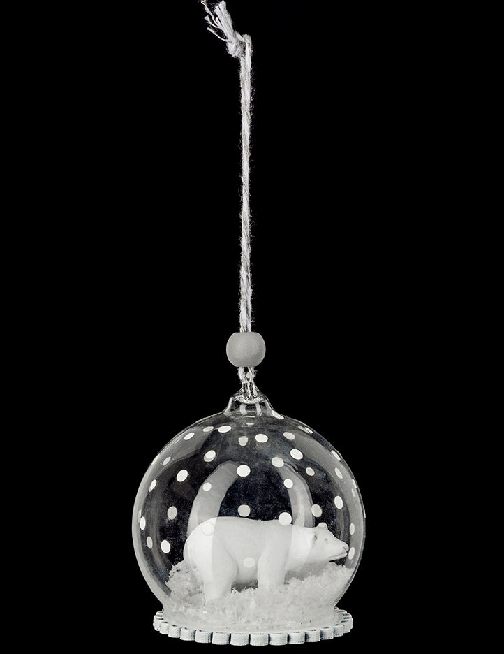 Boule de noël en verre ours polaire avec neige et pois blancs