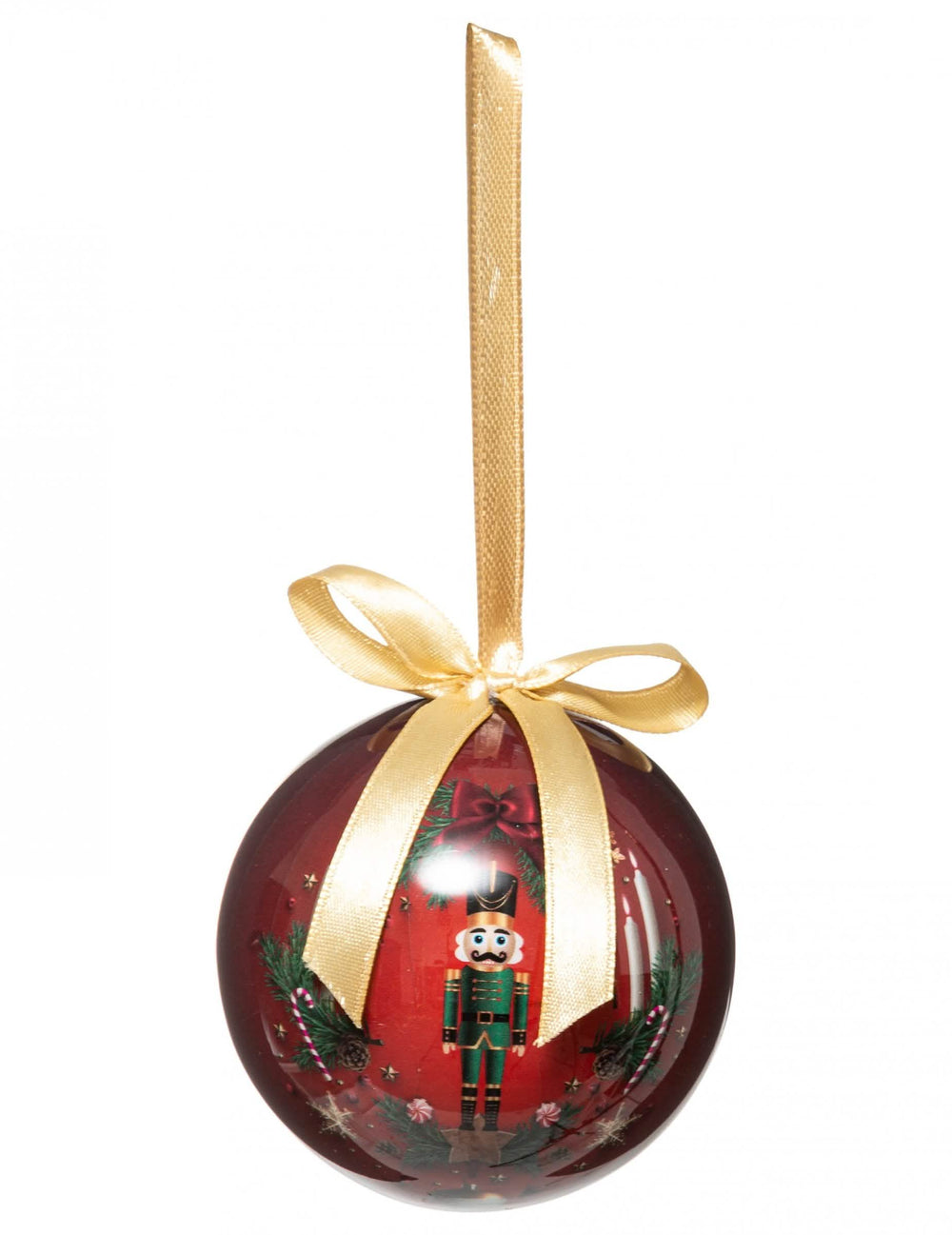 Bola de natal soldado quebra-nozes vermelho com fita dourada