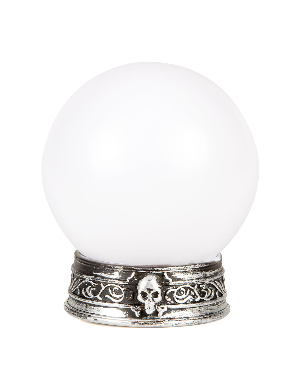 Boule lumineuse et sonore pour Halloween blanche avec socle tête de mort argenté