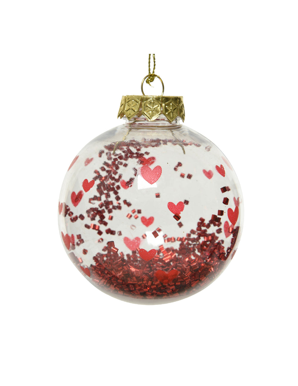 Boule de noël avec cœurs rouges et confettis brillants pour décoration transparente