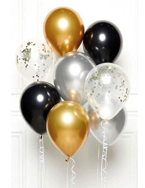Bouquet de 8 balões para festa preto, dourado e prateado com confettis