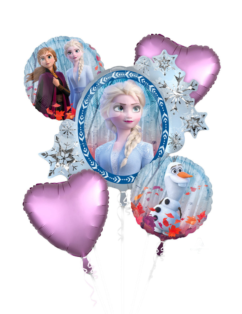 Bouquet 5 ballons aluminium La Reine des Neiges 2 pour enfant bleu et violet avec Elsa Anna et Olaf