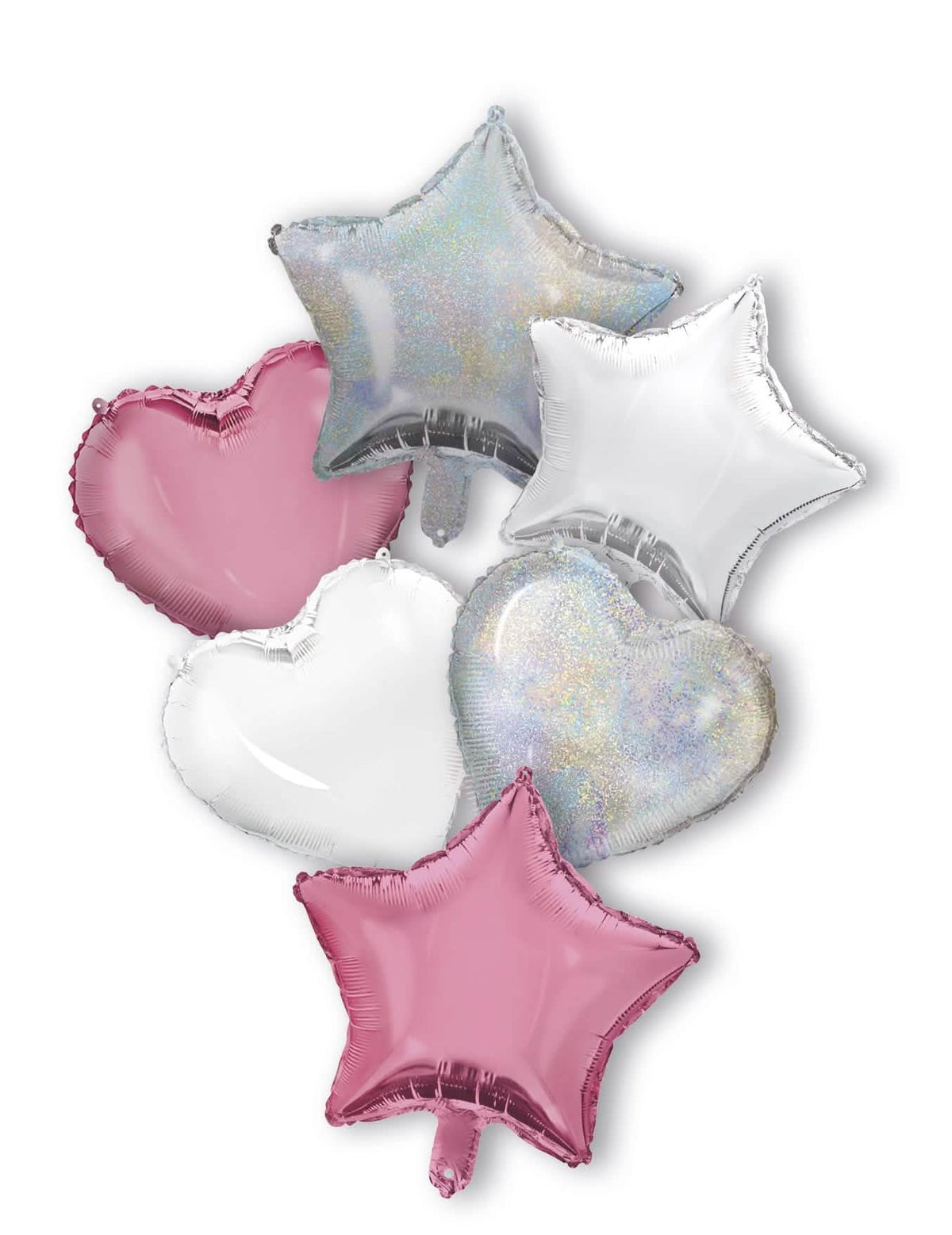 Bouquet de 6 balões corações e estrelas para decoração cor de rosa prateado e branco em alumínio