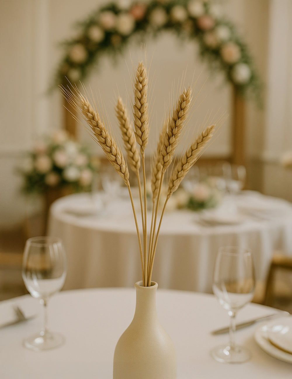 Mise en scène sur une table de fête du bouquet d'épis de blé naturel