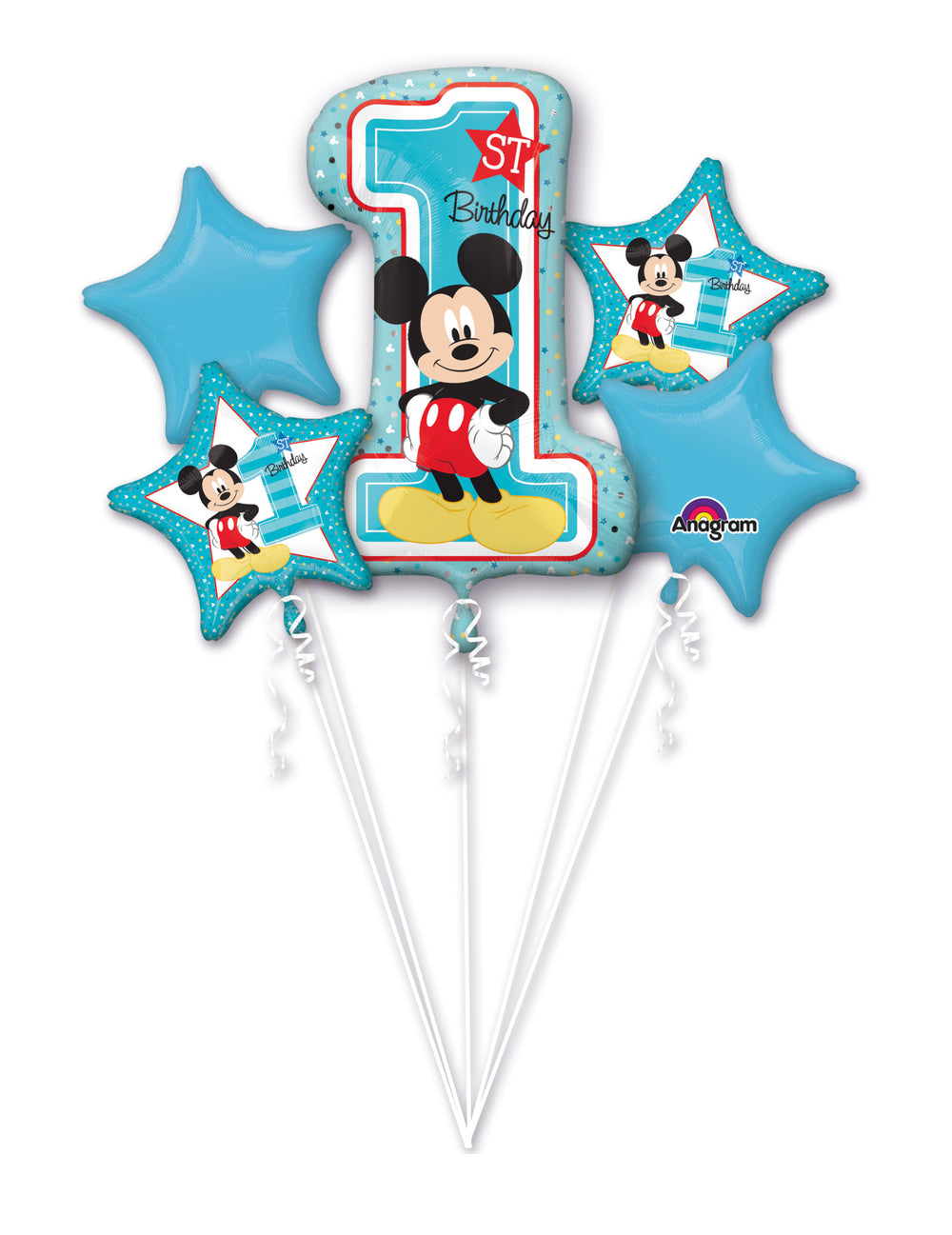 Bouquet de 5 ballons aluminium 1er anniversaire Mickey pour enfant bleu et blanc