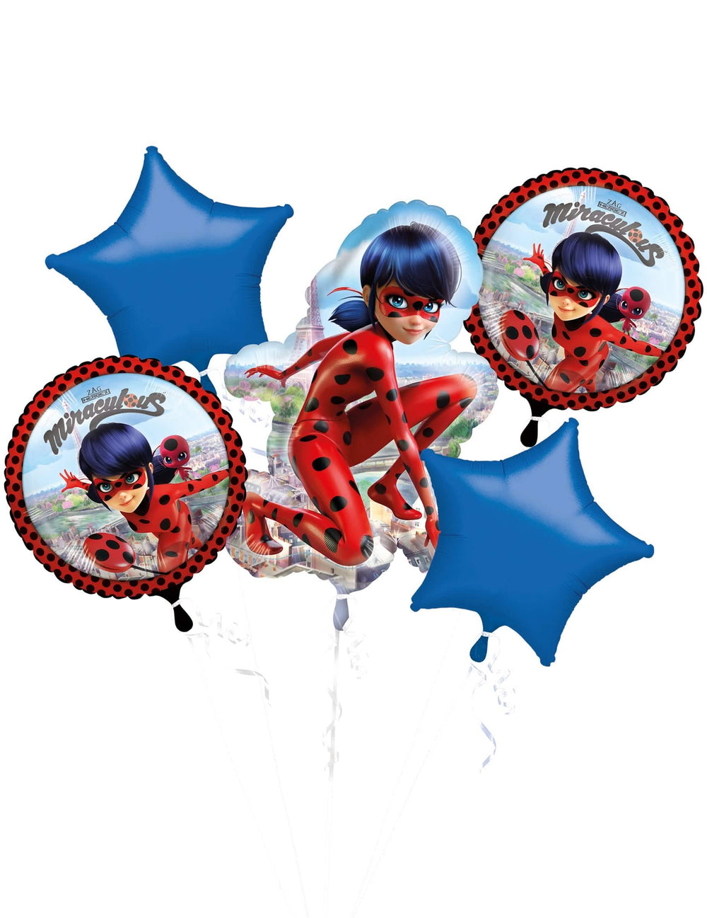 Bouquet de 5 balões de alumínio Ladybug vermelho e azul