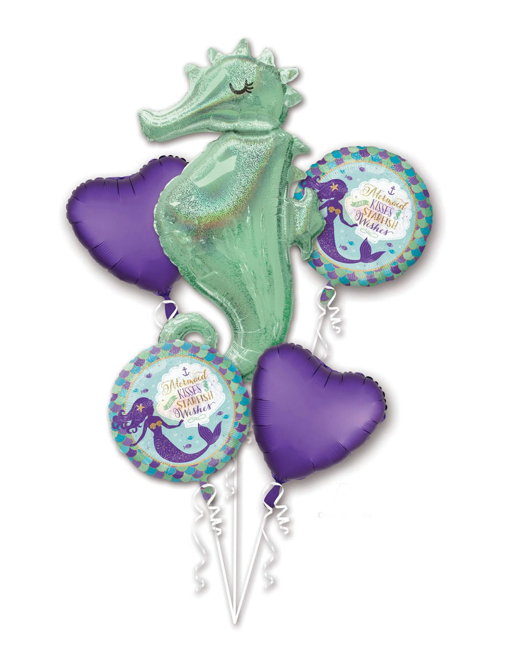 Bouquet de 5 balões de alumínio sonhos de sereias para aniversário verde e roxo com cavalo-marinho