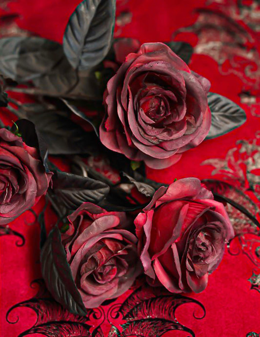 Ramo de 5 rosas bordeaux com folhas pretas 48 cm