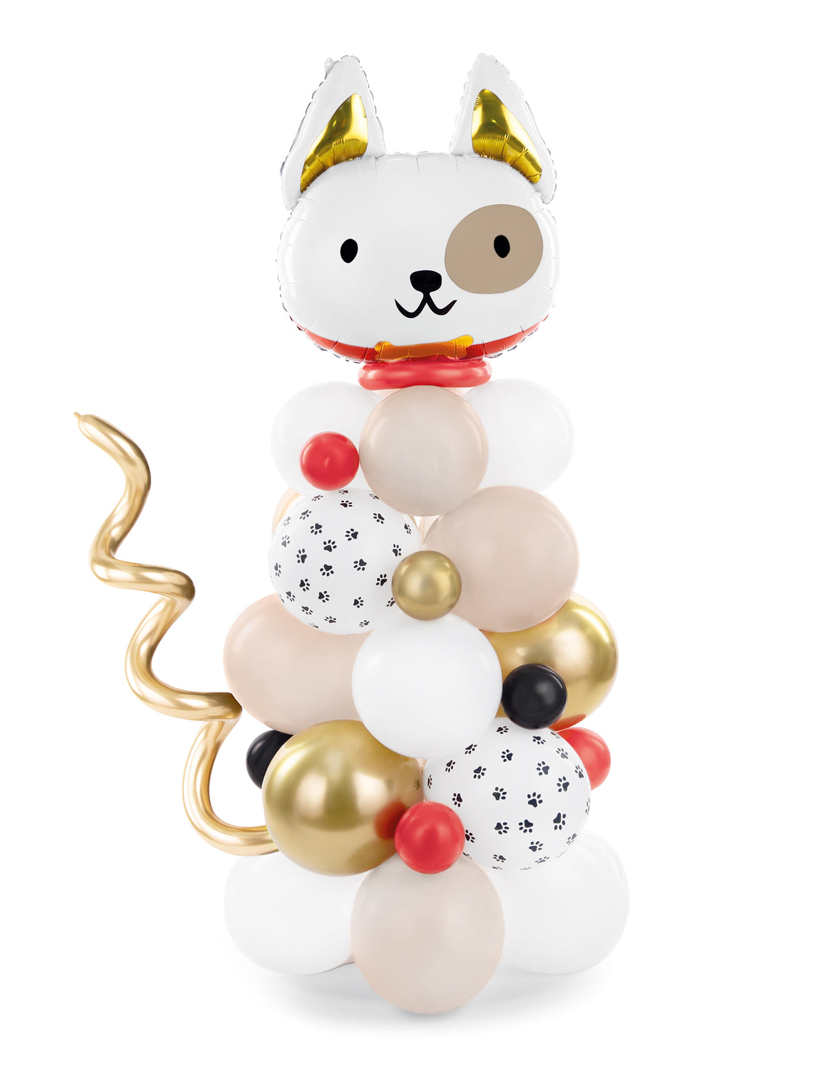 Bouquet de ballons chien blanc beige et doré kit 64 pièces