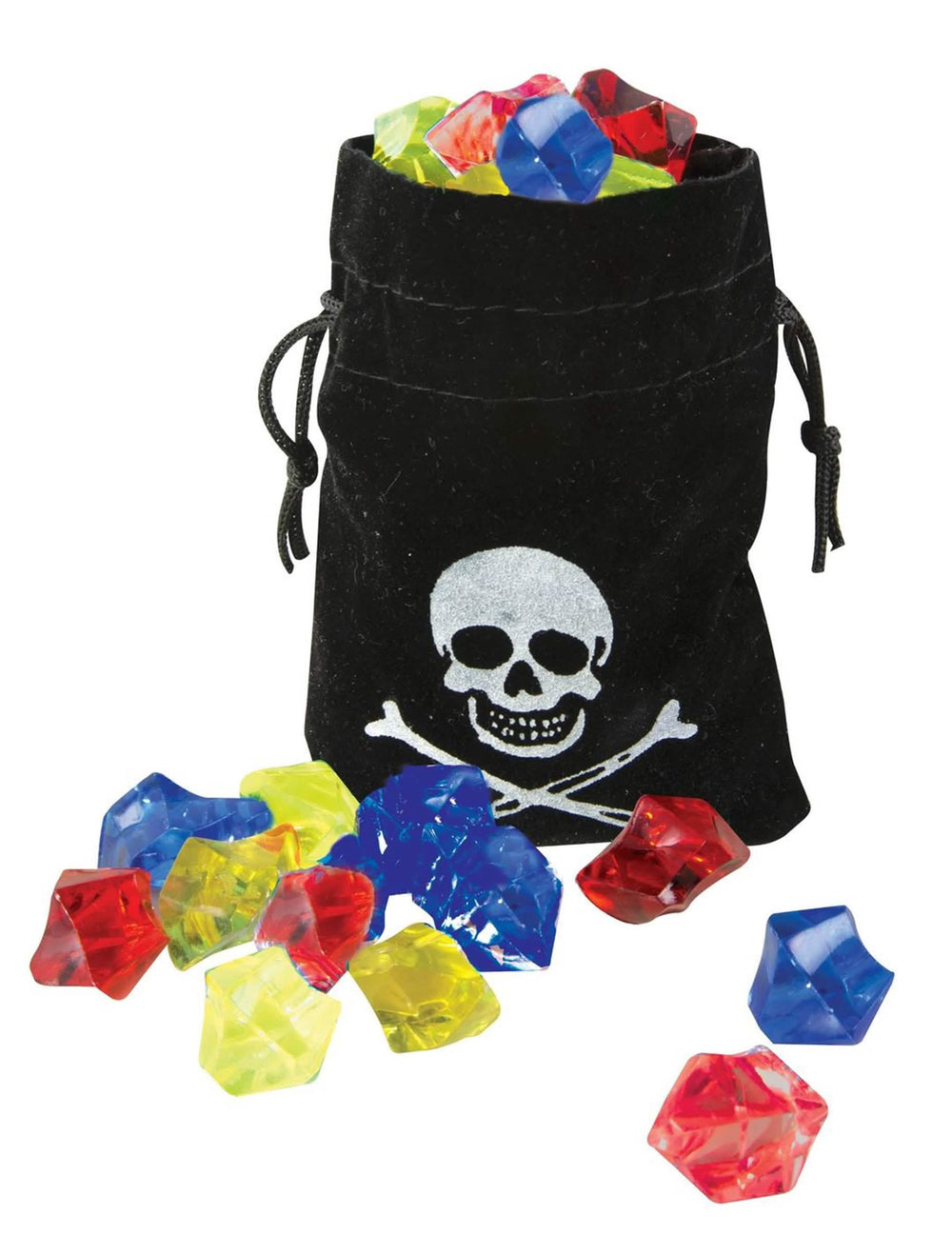 Bolsa de pirata com pedras preciosas falsas para criança preta com caveira e gemas multicoloridas