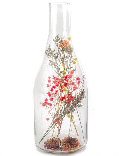 Bouteille avec fleurs séchées pour centre de table colorées