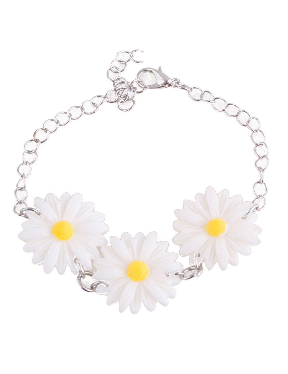 Bracelet marguerites pour adulte blanc et jaune avec chaîne argentée