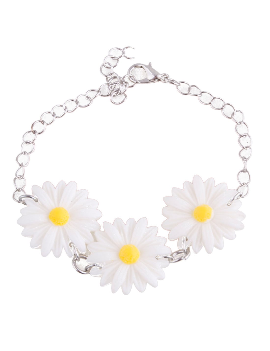 Bracelet marguerites pour adulte blanc et jaune avec chaîne argentée
