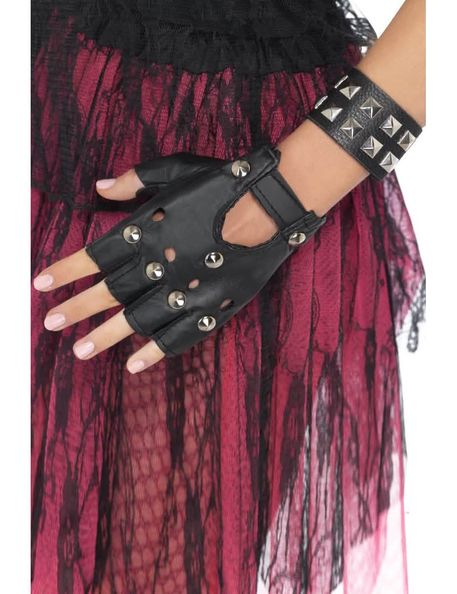 Pulseira punk para adulto preto com tachas piramidais prateadas