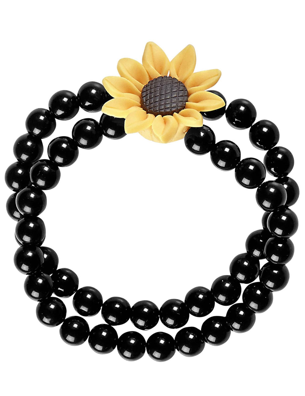 pulseira de pérolas girassol hippie para adulto preto com flor amarela