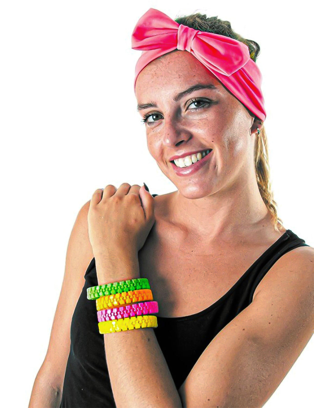 Vue portée au poignet du bracelet zip pour adulte rose fluo