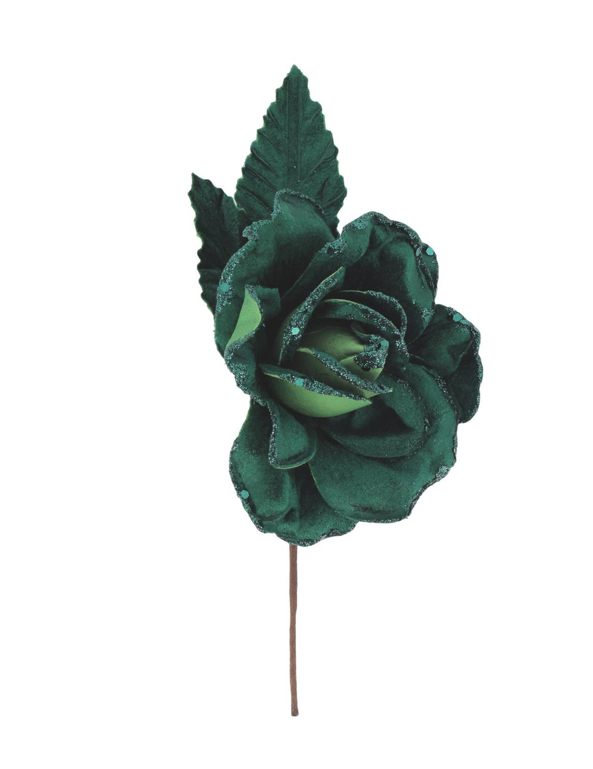 Ramo de rosa em veludo com brilhantes verde escuro 21 cm
