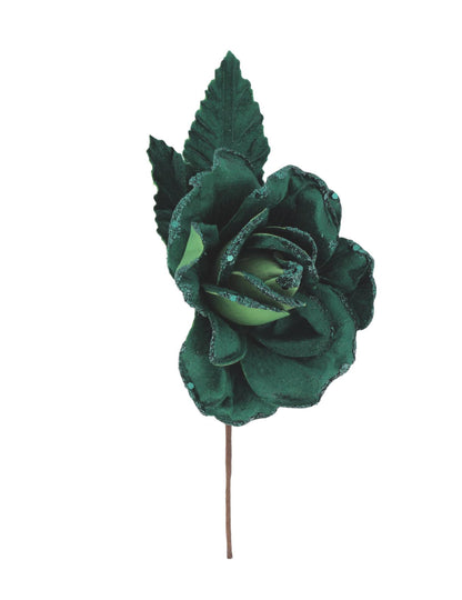 Ramo de rosa em veludo com brilhantes verde escuro 21 cm
