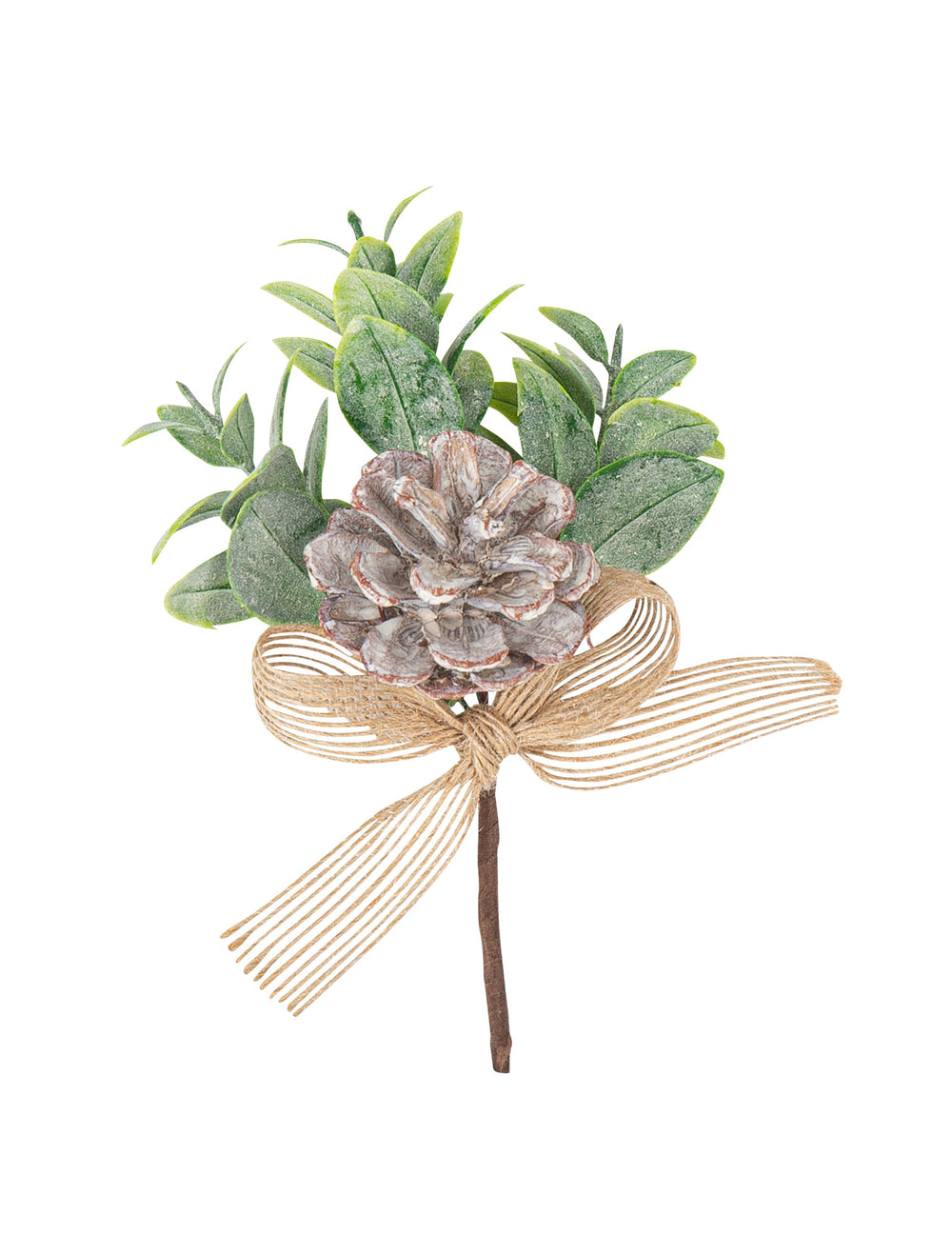 Branche pomme de pin et eucalyptus givré pour décoration avec ruban en jute vert et marron