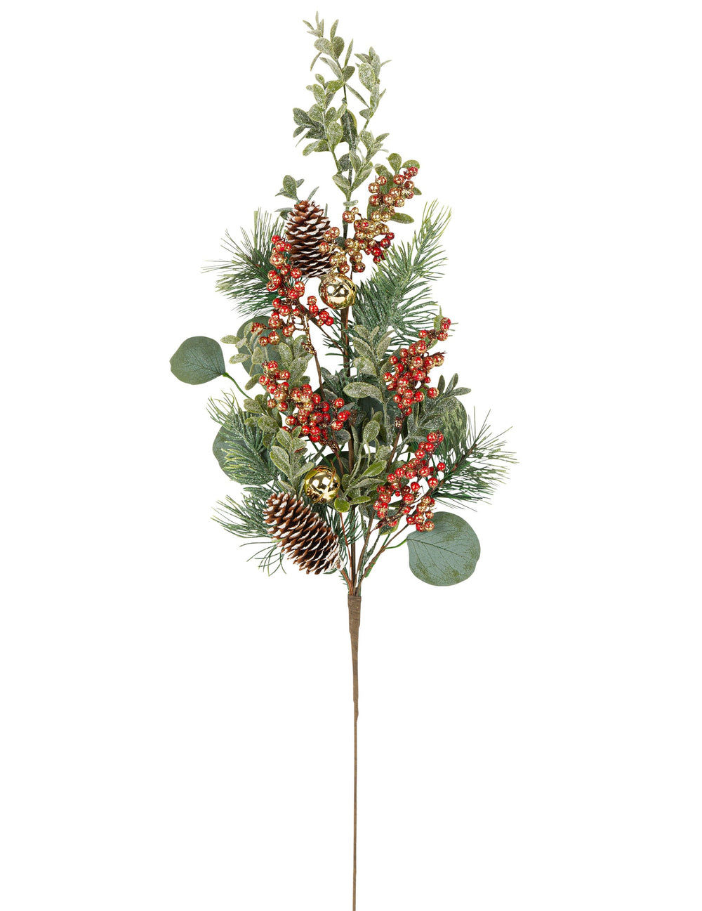 Branche décorative eucalyptus grelots et pommes de pin pour décoration traditionnelle verte et rouge avec grelots dorés