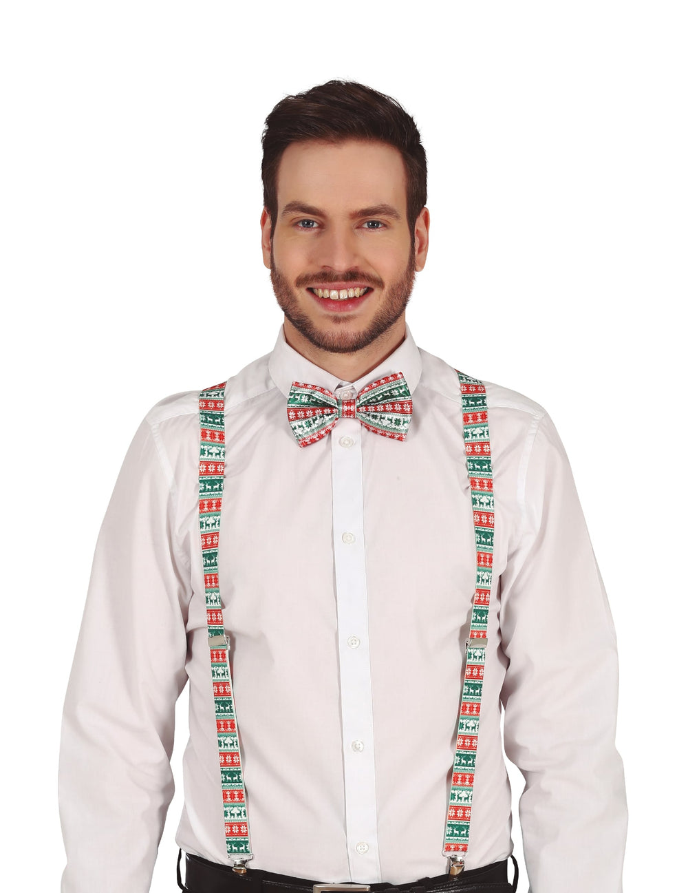 Bretelles motifs de Noël pour adulte rouge et vert avec nœud papillon