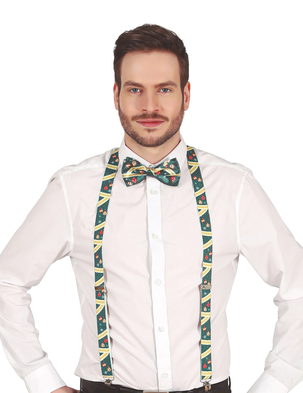 Bretelles de Noël pour adulte vertes avec motifs festifs et nœud papillon assorti