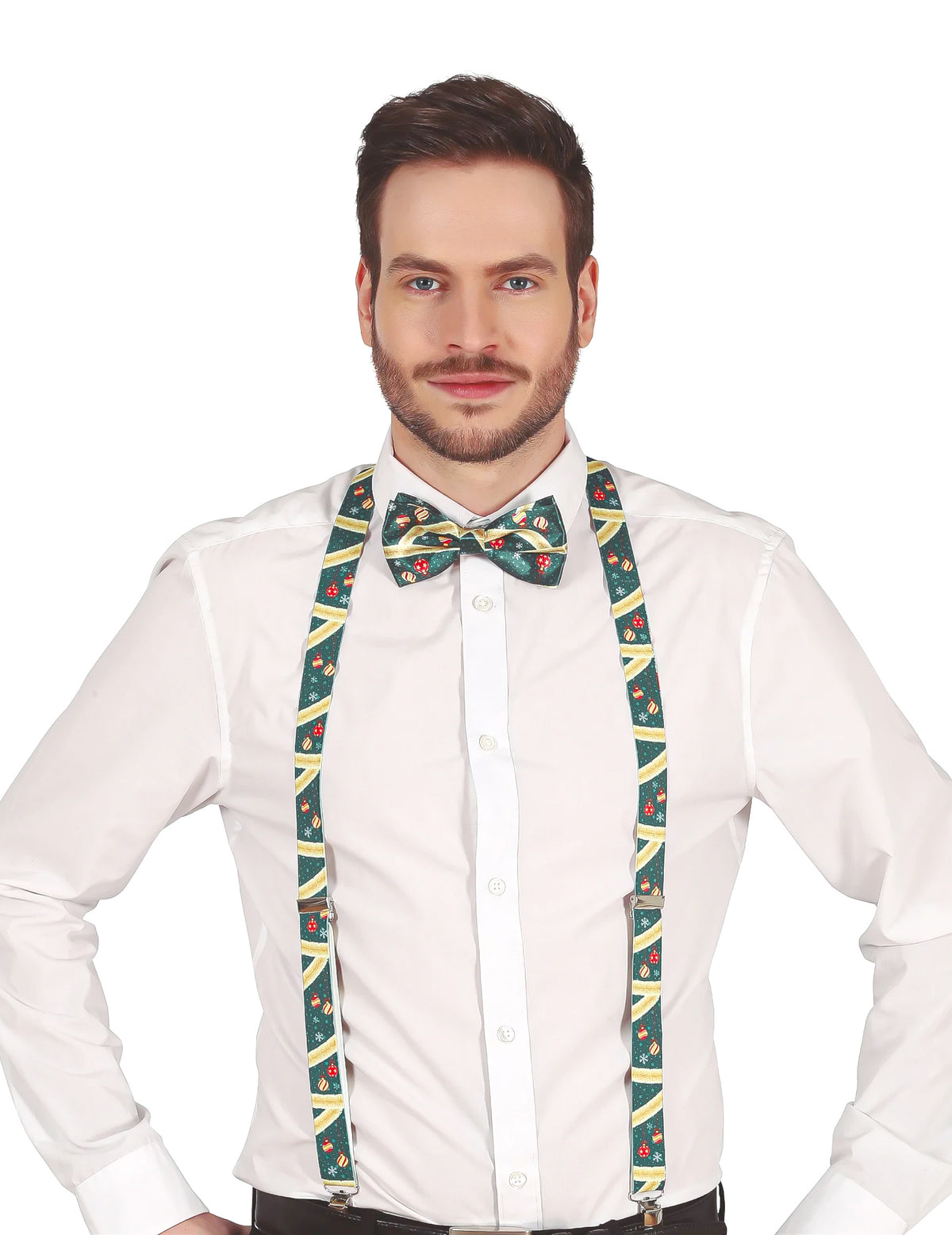 Bretelles de Noël pour adulte vertes avec motifs festifs et nœud papillon assorti