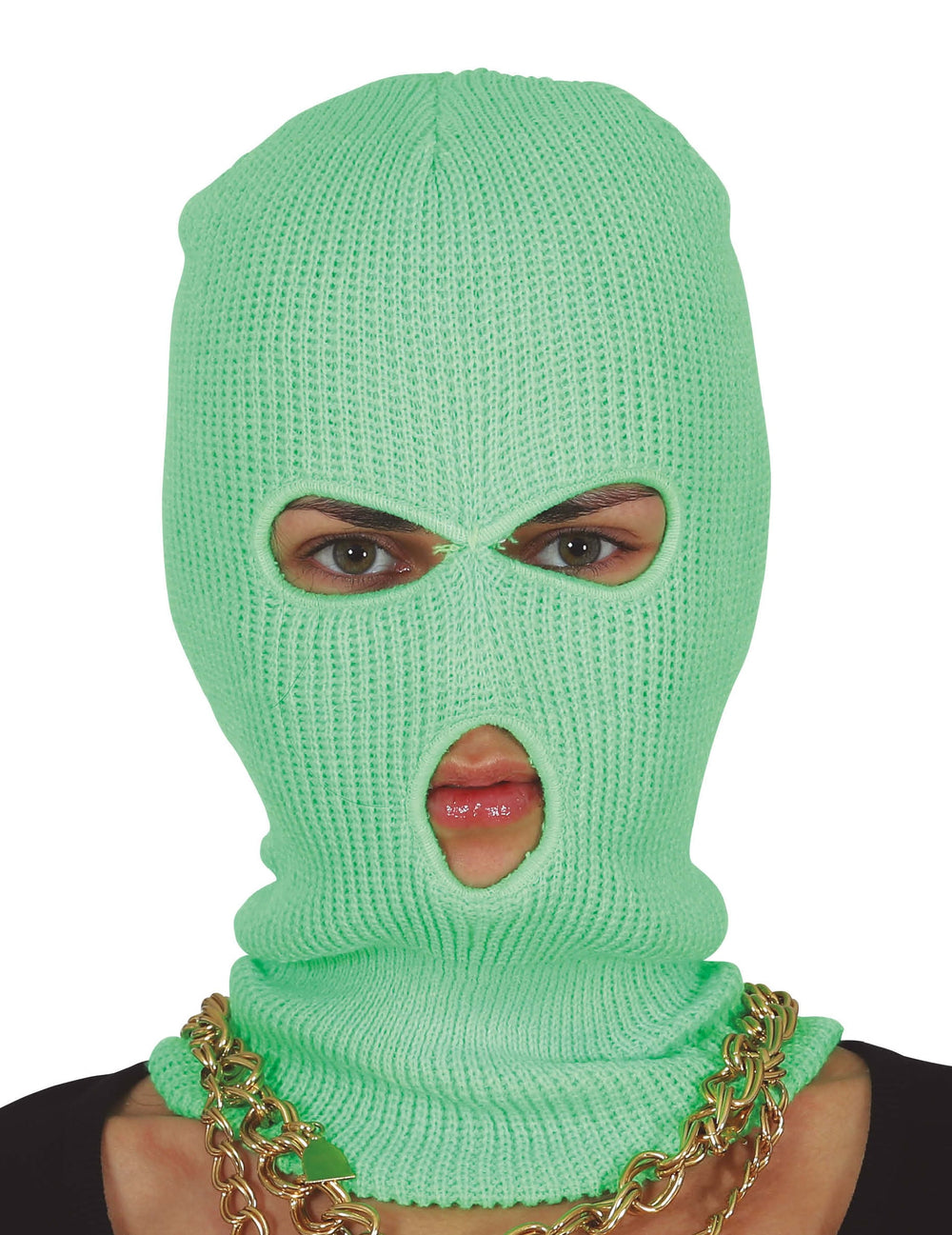 Gros plan sur les ouvertures de la cagoule néon vert pour adulte