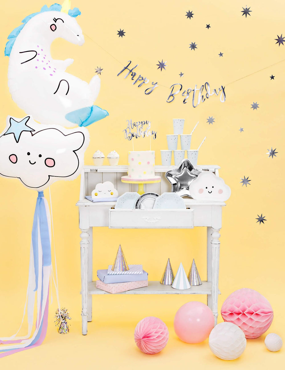 Cake topper em cartão Happy Birthday para bolo prateado metalizado