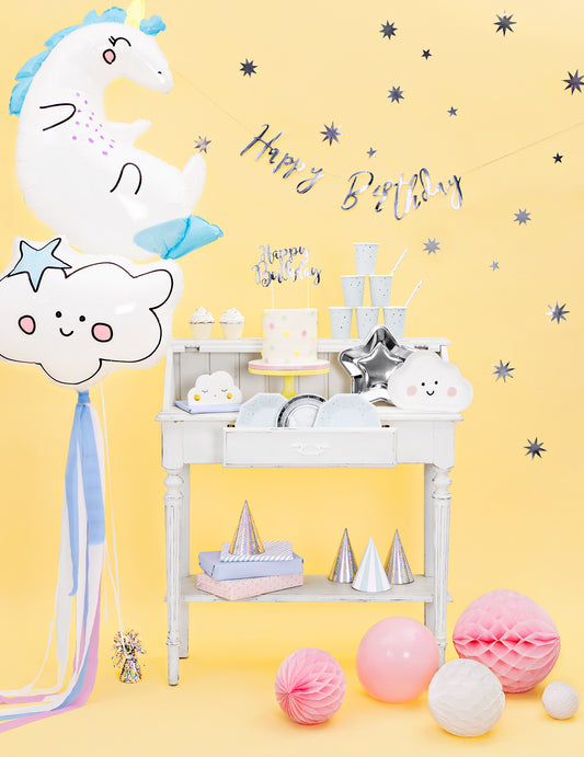 Cake topper en carton Happy Birthday pour gâteau argenté métallisé