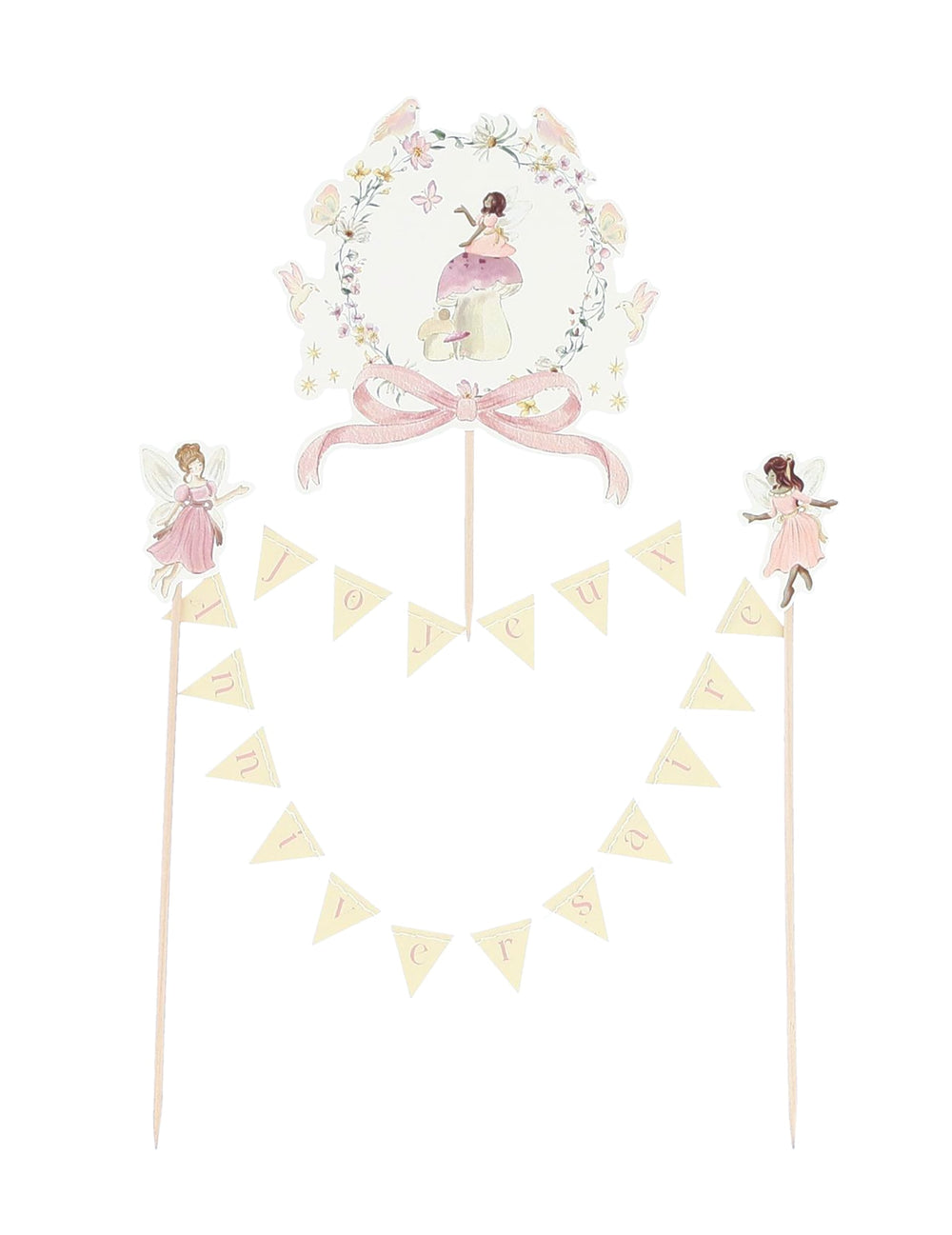 Cake topper guirlande joyeux anniversaire fée pour enfant pastel avec médaillon et fleurs
