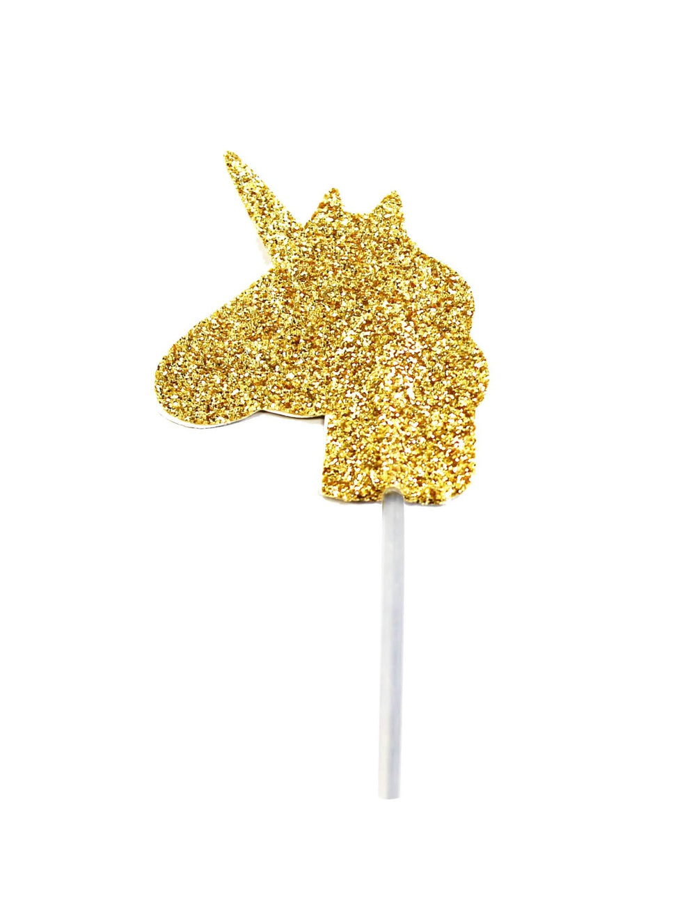 Topper para bolo cabeça de unicórnio dourado com purpurinas