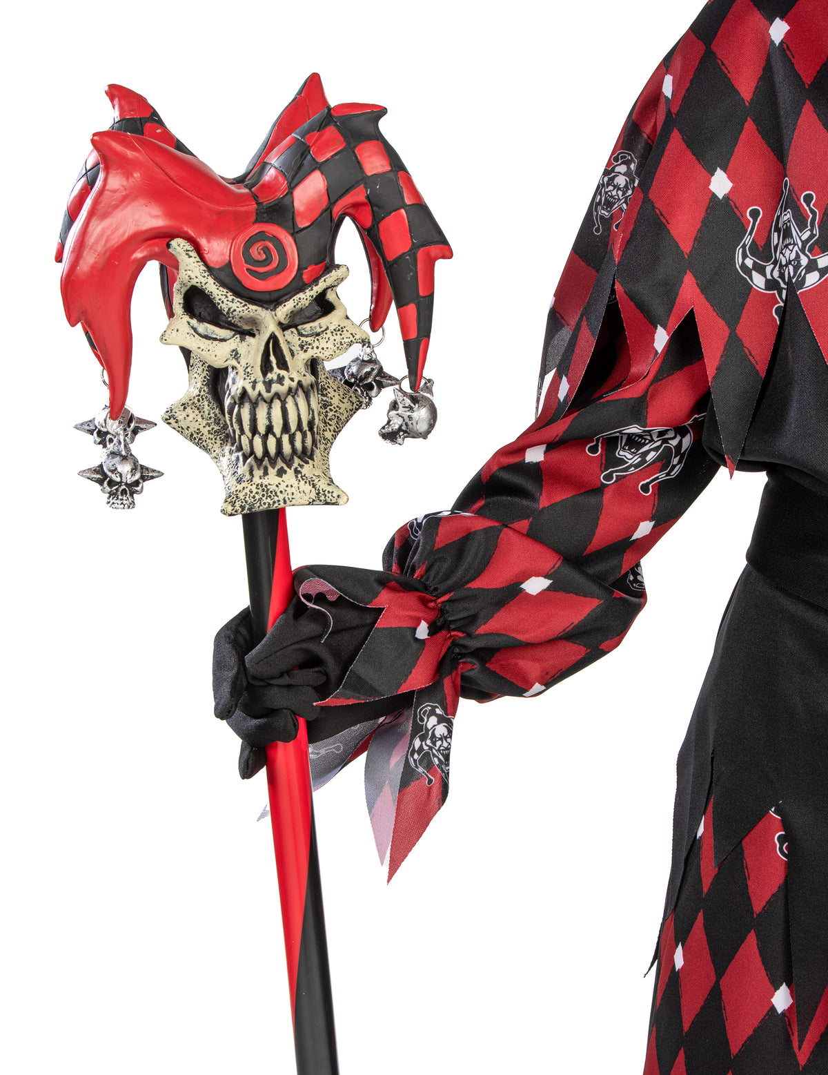Gros plan sur la tête de squelette de la canne de bouffon Halloween