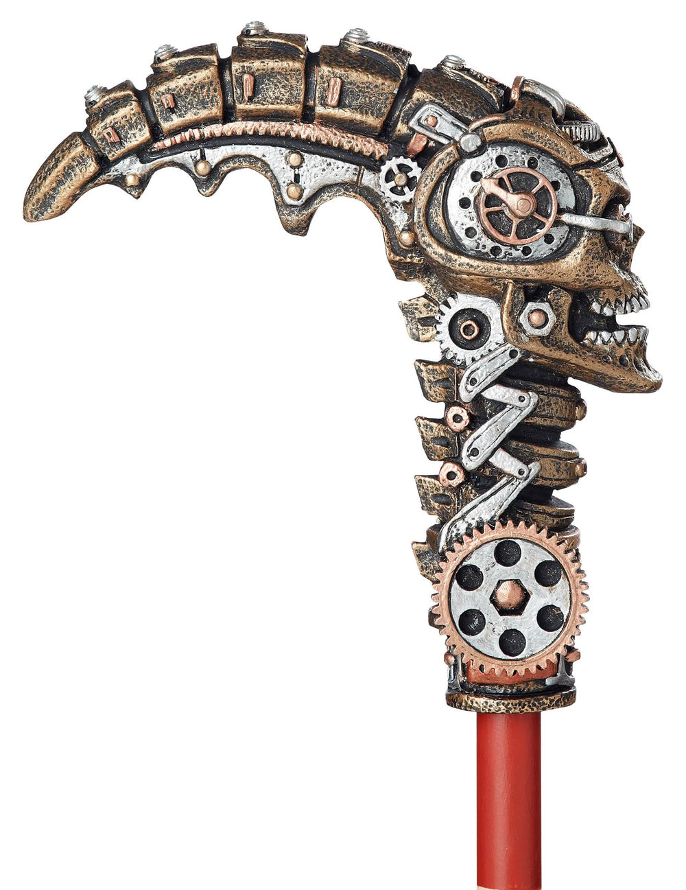 Detalhe da pega com cabeça de morte mecânica da bengala steampunk