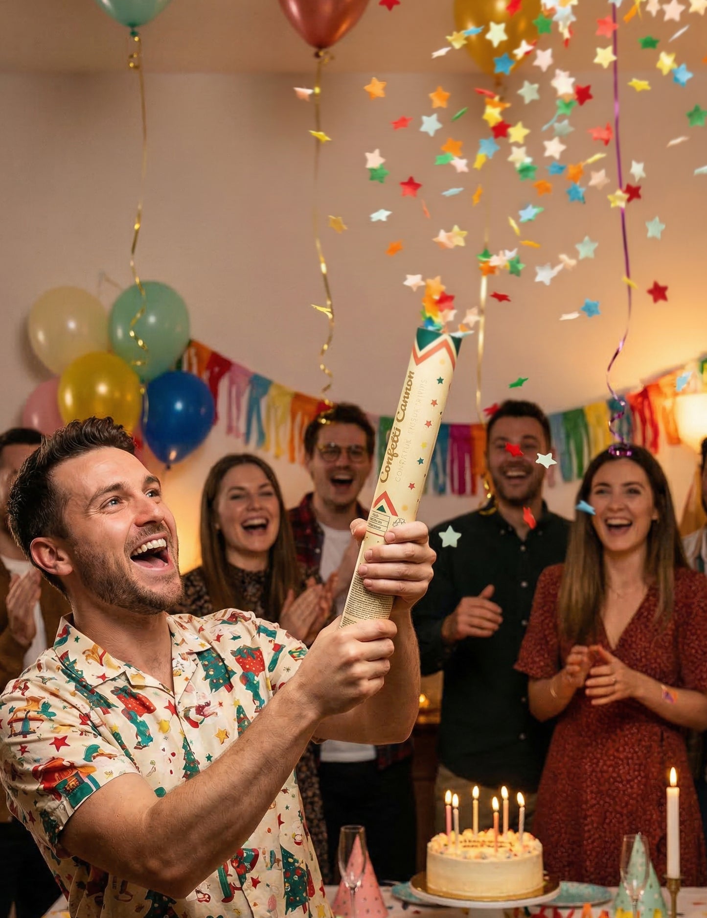 Mise en situation du canon à confettis étoiles en papier multicolores