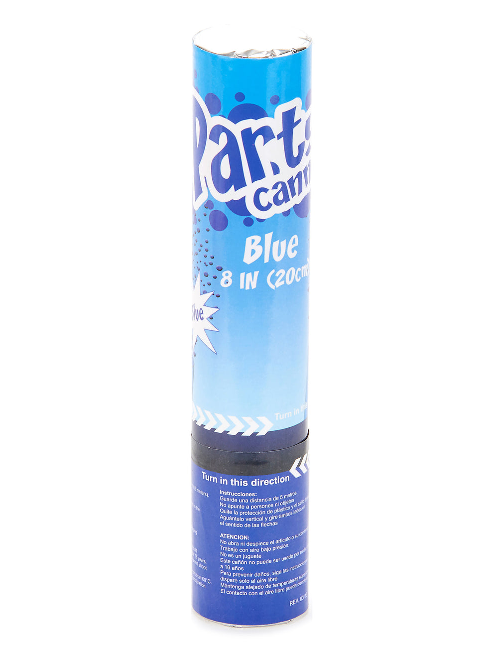 Vue de face du canon à confettis pour fête bleu