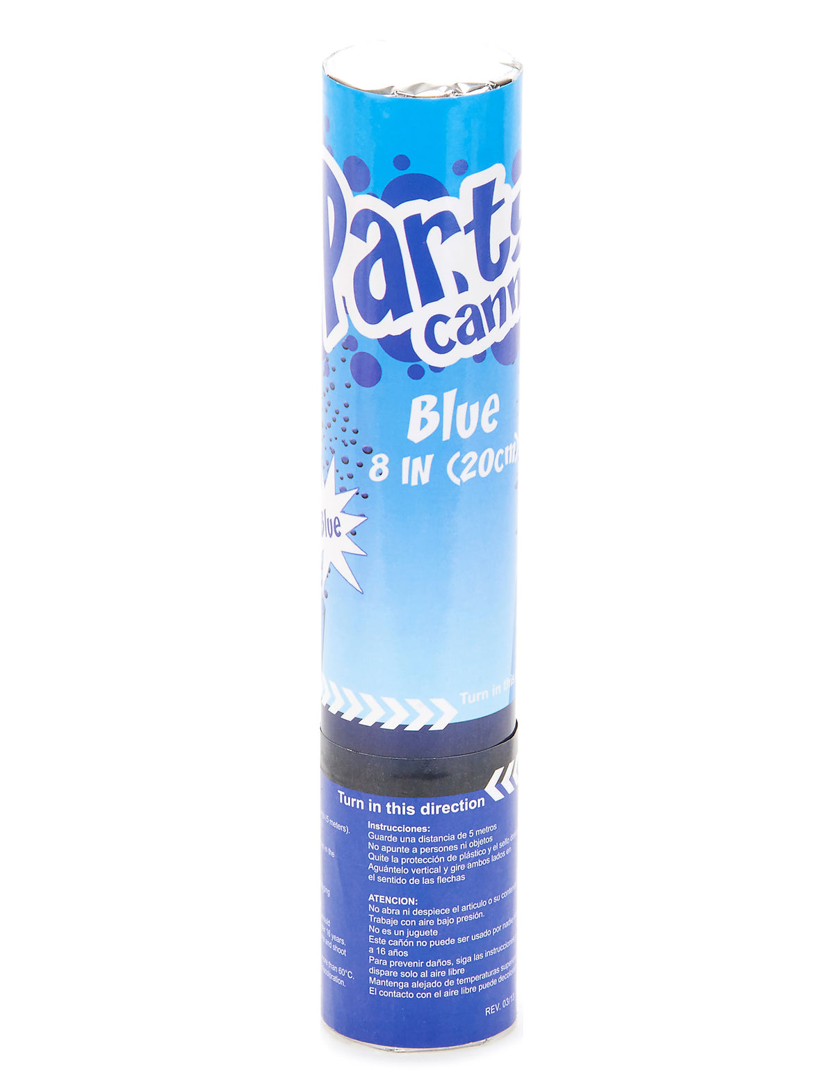 Vue de face du canon à confettis pour fête bleu