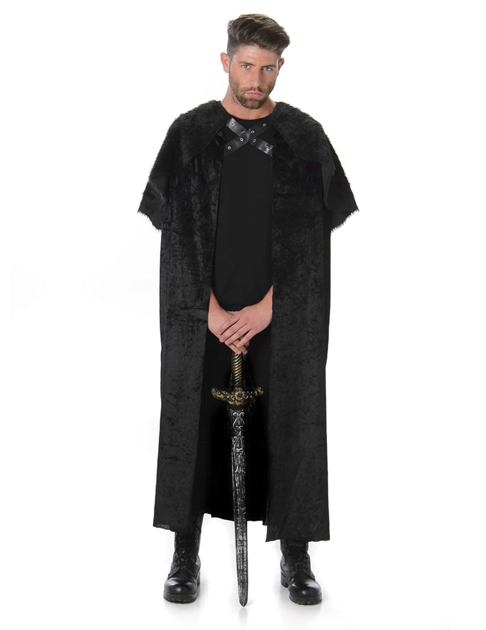 Capa medieval com pele para homem preta com gola em pele sintética