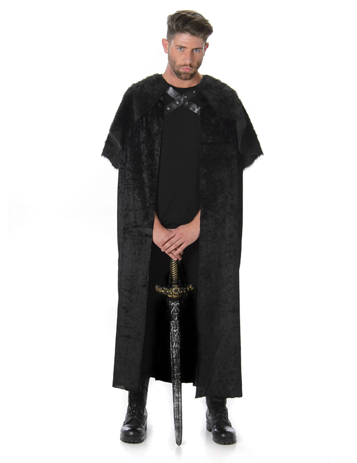 Capa medieval com pele para homem preta com gola em pele sintética