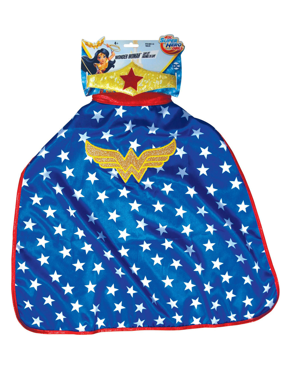 Vue d'ensemble à plat de la cape et tiare Wonder Woman Super Hero Girls