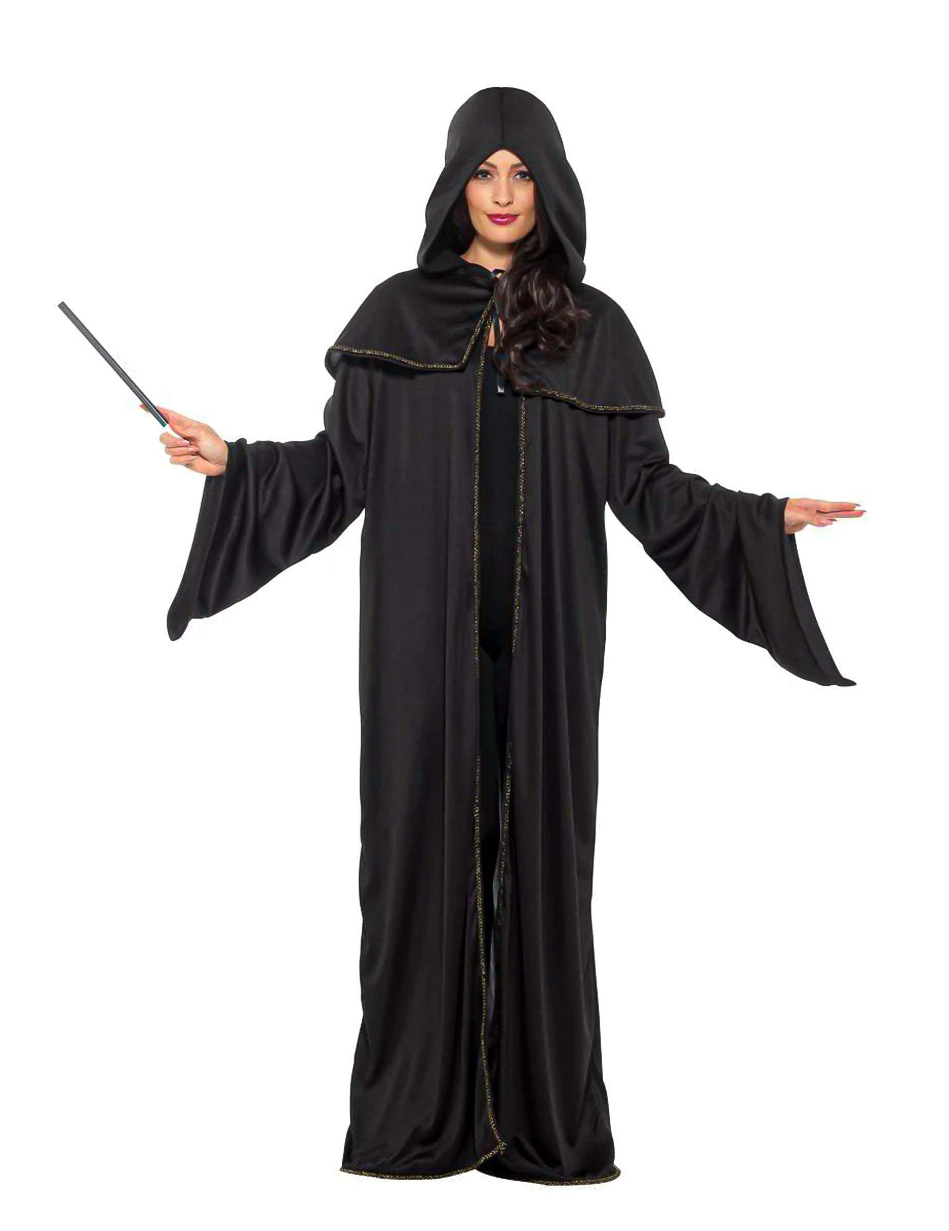 Vue de face avec baguette magique de la cape étudiant sorcier pour homme
