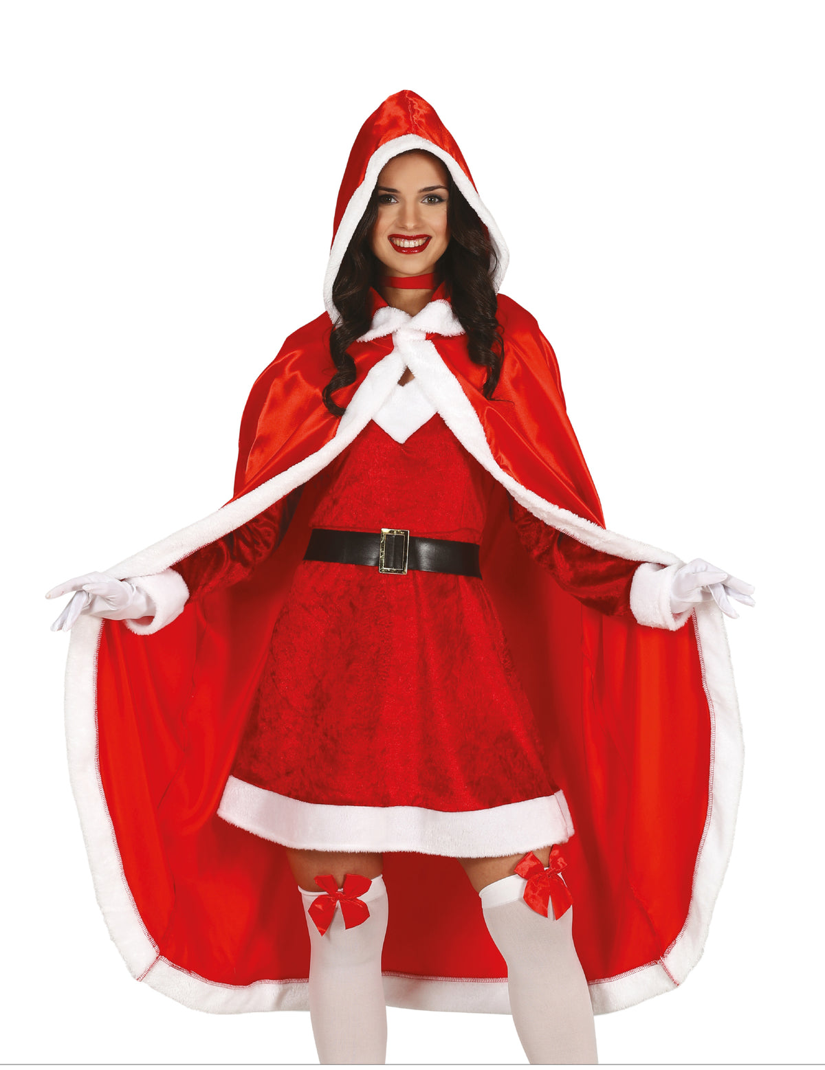 Cape longue de Mère Noël pour adulte rouge et blanche à capuche